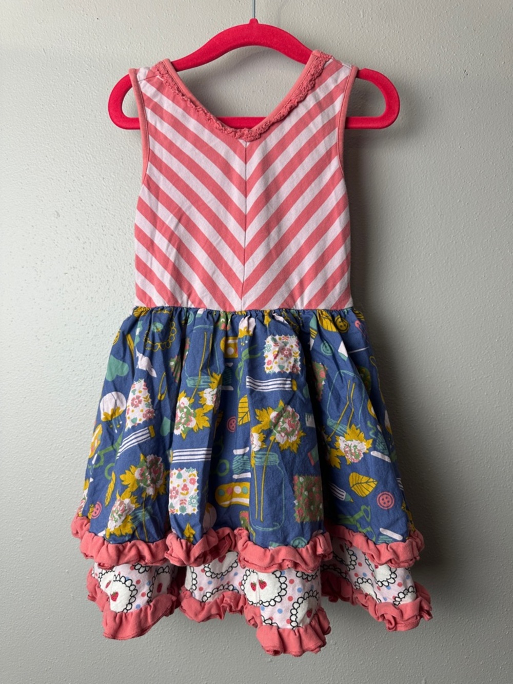 Matilda Jane Coral Striped Bodice with Blue Floral Tiered Skirt
